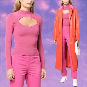 staud • clara cutout ribbed-knit jersey top in lollipop pink l